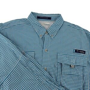 Columbia PFG Super Bahama Shirt Mens Large Blue Gingham Plaid Vented Fishing LS